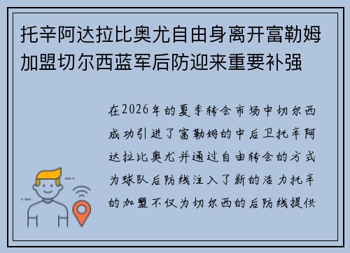 托辛阿达拉比奥尤自由身离开富勒姆加盟切尔西蓝军后防迎来重要补强